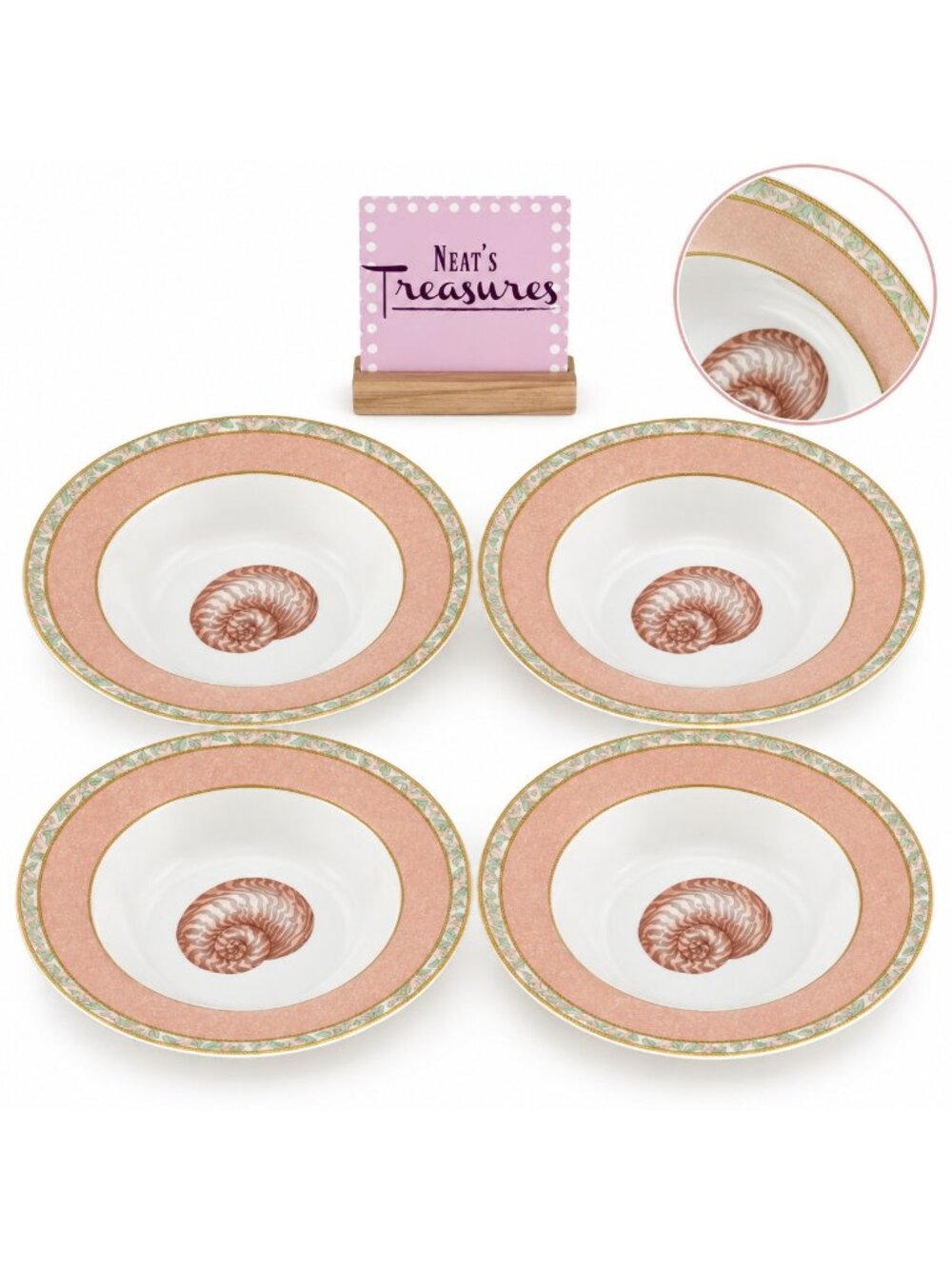 Victoria & Beale ATLANTIS Porcelain Peach Band Shell Centen Rim Soup Bowls Set 4
